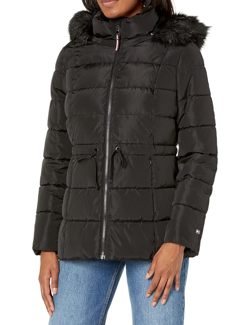 TOMMY HILFIGER Women's Fur Hooded Short Puffer Jacket with Cinched Waist
Size L