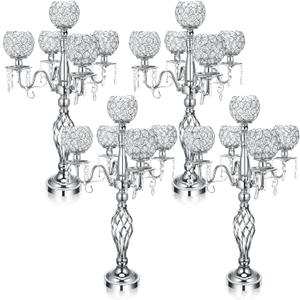 Nitial 5 Arm Crystal Candelabra Centerpieces for Tables 27 Inch Tall Crystal Candle Holders Bowl Candelabra Table Centerpieces Decor for Wedding Christmas Dinner Party Events (Silver,4 Pcs)