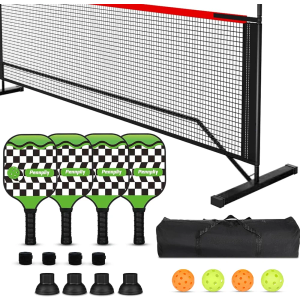 Pickleball Set with Net and Paddles, 4 Player Set, Brown Wooden Paddles, 22FT Portable Net, 6 Balls, 4 Ball Retrievers, 4 Replacement Grips