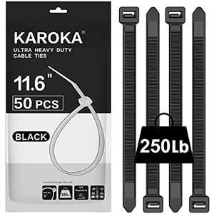 Industrial Zip Ties Heavy Duty with 250 lbs Tensile Strength, 11.6 inch, Electrical Cable Ties Heavy Duty, 50 Pieces, Wide and Thick Zip Ties, by Karoka