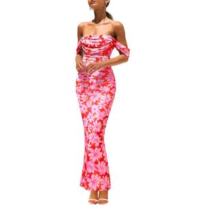 PRETTYGARDEN Cocktail Dresses for Women 2026 Summer Floral Off Shoulder Ruched Mesh Elegant Wedding Guest Maxi Dress (M)