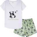 VENTELAN Pajama Set For Women Cute PJS Summer Short Sleeve Shorts Sleepwear (X-Large, Sleepy Panda)