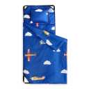 Wake In Cloud - Cot Nap Mat with Pillow and Blanket, for Toddler Kids Boys Girls in Daycare Kindergarten Preschool Pre K with Elastic Corner Straps, Cars Vehicles Trains Airplanes, Blue White  52"L x 22"W x 6"Th