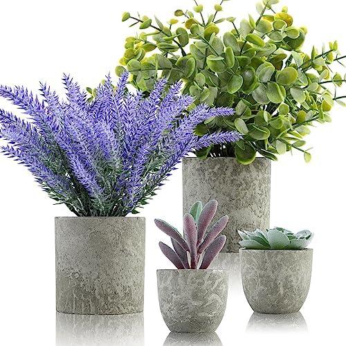 ALAGIRLS 4 Packs Fake Plants Small Artificial Plants for Shelf Lavender Flowers Eucalyptus Succulents Plants Potted Faux Plants for Home Indoor Office Bathroom Living Room Decor