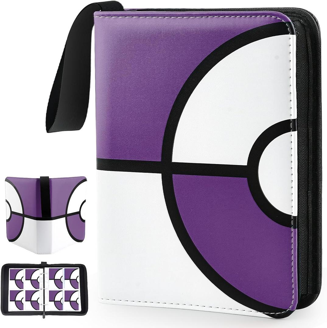 Card Binder 4 Pocket, Trading Card Holder Fits 400 Cards with 50 Removable Sleeves, Large Capacity & Waterproof Zipper Album Holder for Trading Card Collector, Portable Collection Card Album for Cards (Purple)