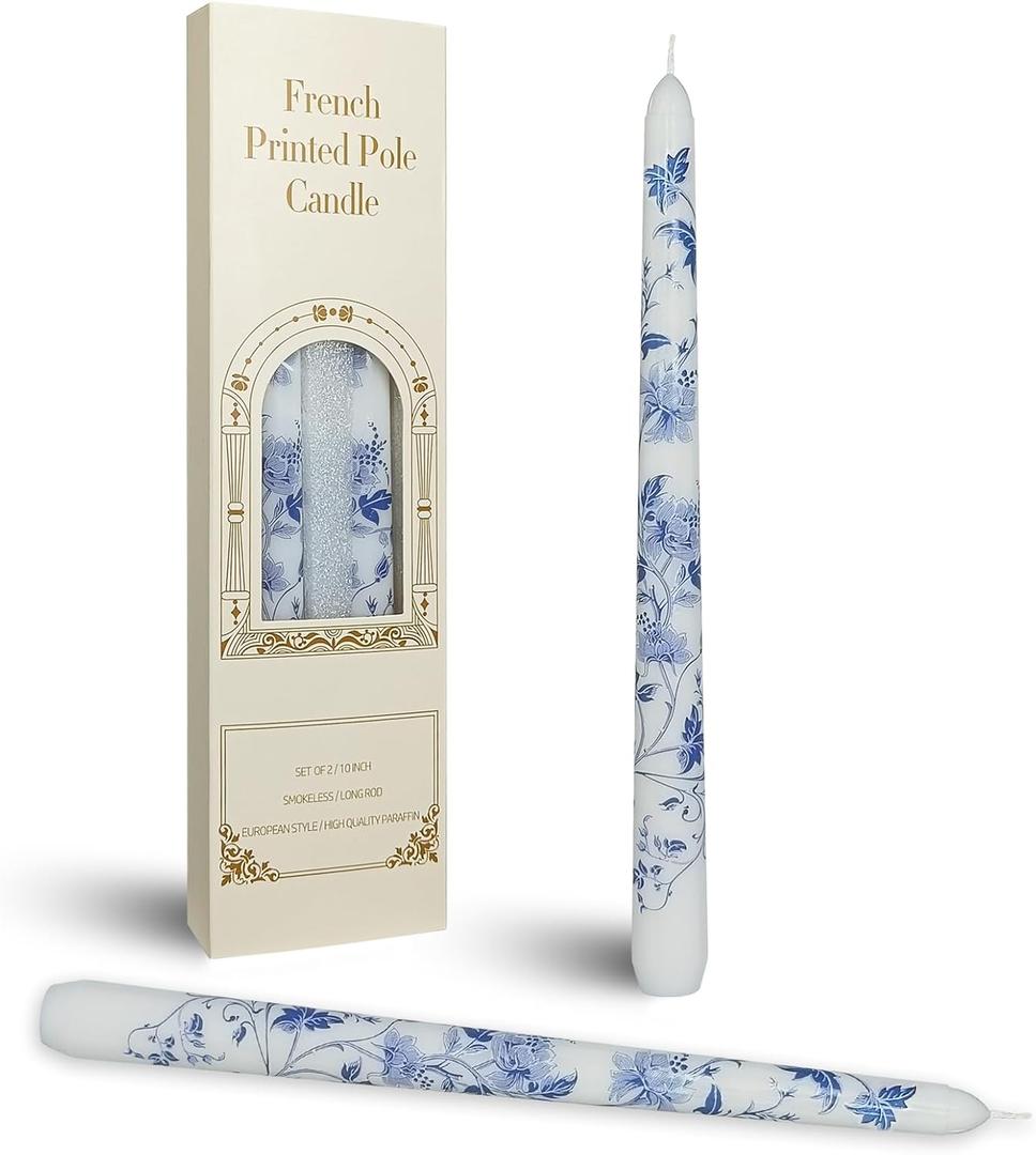 Chinoiserie Printed Taper Candle White with Water Lily Floral Candlesticks 10 Inch Drip Handmade Long Tapered Candles, Set of 2 for Wedding & Home Decor
