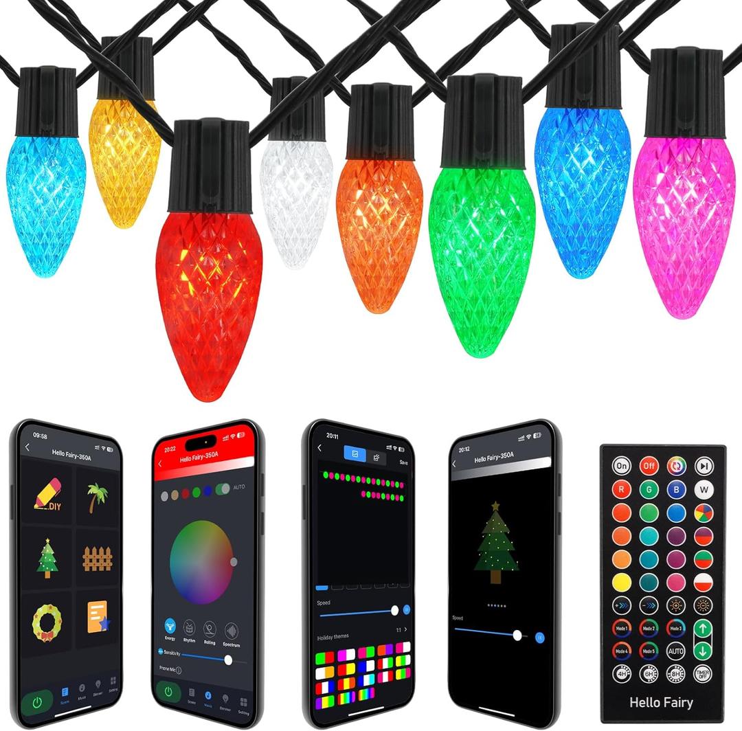 Gemce Smart C9 Christmas Outdoor Lights, 66FT 100 LEDs, APP Remote Controlled RGB String Lights, DIY Chasing Xmas Lights, Color Changing with Timer & Music Sync for Holiday Xmas Tree Decoration