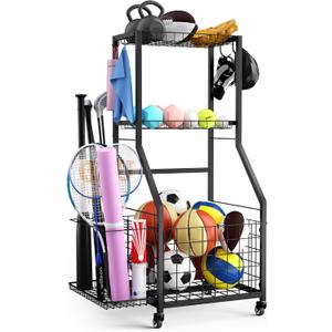 Sports Equipment Garage Organizer,Garage Ball Storage Rack for Sports with Wheels-Upgraded 3 Layers Sports Organizer Rack Outdoor Basketball Racks for Balls with Holder and Hooks (Black)