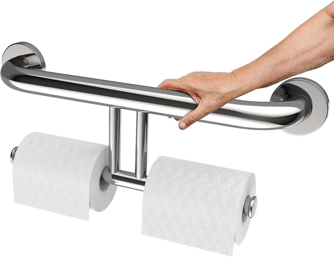 Polished Chrome Grab Bar for Bathroom 17 Inch, Zepolu Stainless Steel 2-in-1 Safety Handrail w/Double Toilet Paper Holder, Wall Mounted Balanced Support Bar Assist Handle for Senior Elderly Handicap