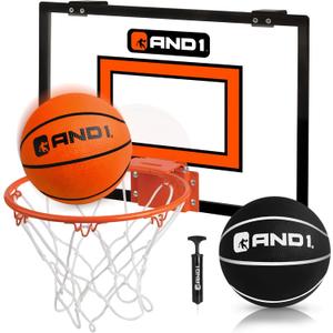AND1 Over the Door Mini Basketball Hoop: 18x12 Shatterproof Backboard, 2 Mini Basketballs, and Hand Pump Included- Ultimate Indoor Basketball Accessory for Kids and Adults, No Tools Required (Clear)