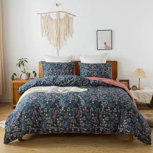 HoneiLife King Duvet Cover Set - 100% Cotton Comforter Cover Floral Duvet Cover Sets,Soft & Breathable Duvet Cover with Zipper Closure and Corner Ties,3pcs Wildflower Comforter Cover Sets- Flower Sea (King-104"x 90", Navy Blue)