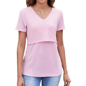 Sosolism V Neck Breastfeeding Shirts Short Sleeve Breathable Nursing Tops Summer Pumping Tshirt for Women,L