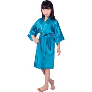 Children's Silk Stain Pure Kimono Wedding Dressing Gown Kimono Robes Bridal Lingerie Sleepwear (6, Blue)