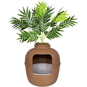 Good Pet Stuff Hidden Cat Litter Box Enclosure with Artificial Plant, Decorative Round Planter, Removable Tray, Charcoal Filter Odor Control, Easy-to-Clean, Made in USA, Essentials Kit, Brown
