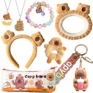 Ohjijinn Capybara Gifts for Girls Capybara Stuff with Hair Accessories Set - Includes Headband Hair Ties Makeup Bag Necklaces Bracelets Keychain