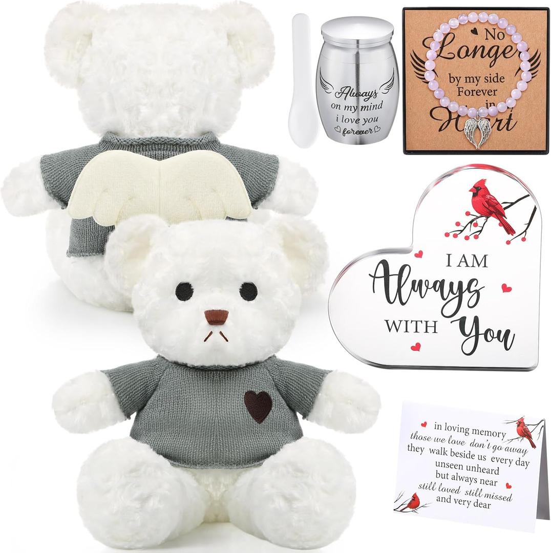 Kenning Cremation Keepsake Urn for Ashes Set, Memorial Bear with Mini Urn & Spoon, Acrylic Heart Memorial Plaque, Angel Wing Bracelet, Sympathy Bereavement Gift for Loss of Loved One or Pet (White)