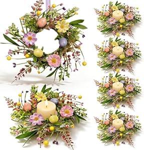 6 Pcs Small Easter Hanging Wreaths for Cabinets Artificial Purple Pink Yellow Berries Spring Mini Candle Rings Wreath for Home Kitchen Front Door Window Porch Wall Wedding Table Cnterpieces Decor