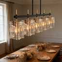 5-Light Rectangular Dining Room Light Fixture 42"L Black and Gold Glass Linear Chandeliers for Dining Room Over Table, Farmhouse Kitchen Island Pendant Light Fixtures with Water Ripple Glass