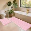 ACCUMTEK Christmas Striped Pink Toilet Bathroom Rug Mat Set 2 piece Rug Ultra Soft, Non Slip Chenille Bath Rugs, Absorbent Plush Shaggy Bath Mats for Bathroom, Bedroom, Kitchen, Shower, Tub (U Shape 2'x1'8"+4'x1'8")