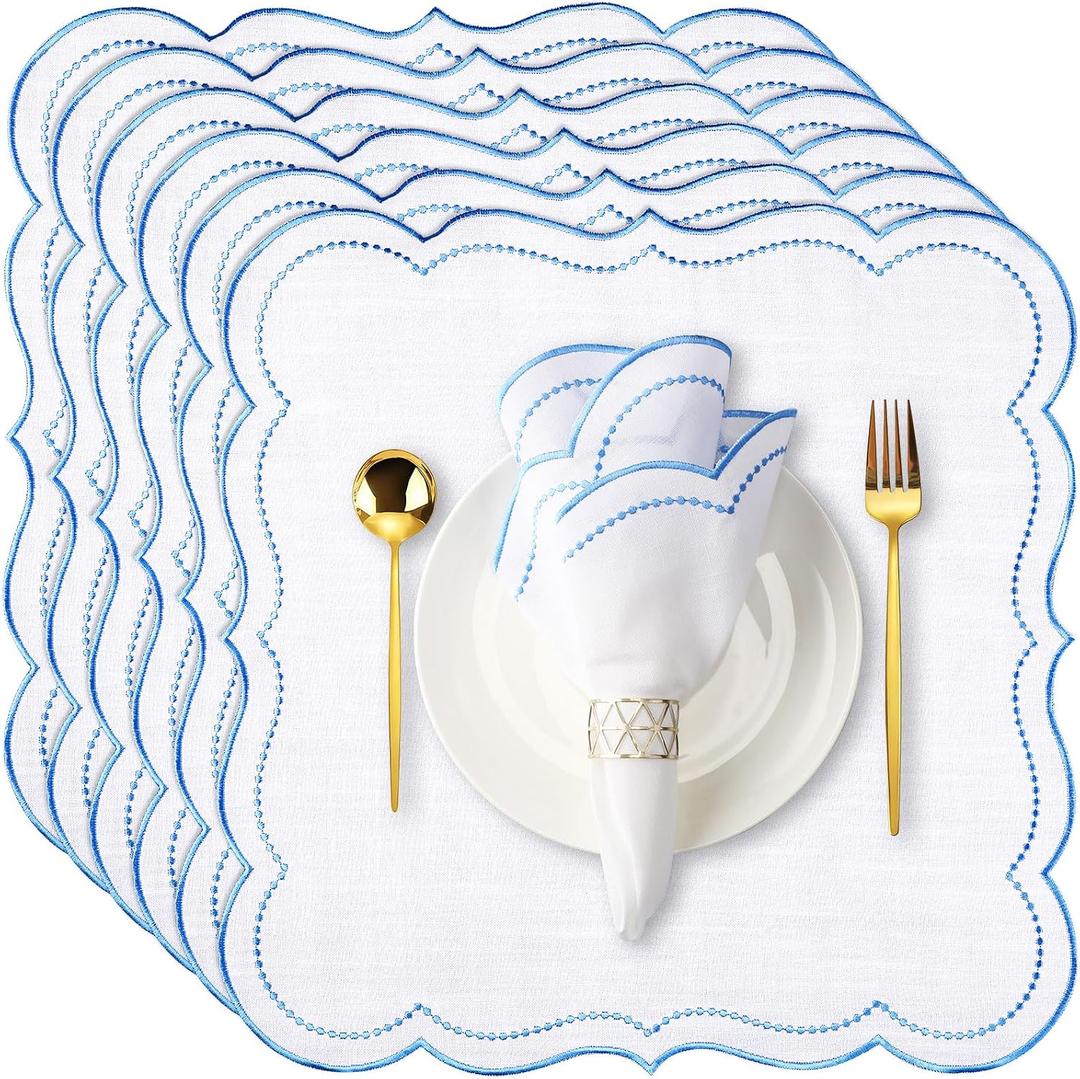 Hahafelt 6 Set Cloth Napkins 18x18inches Scalloped Embroidery Cloth Napkins Washable Polyester Table Dinner for Hotel Restaurant Weddings Events Parties (Blue)