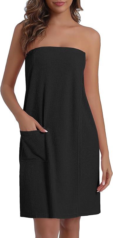 Ekouaer Waffle Robes For Women Bath Wraps Lightweight Knee Length Soft Shower Robe with Pocket Black M