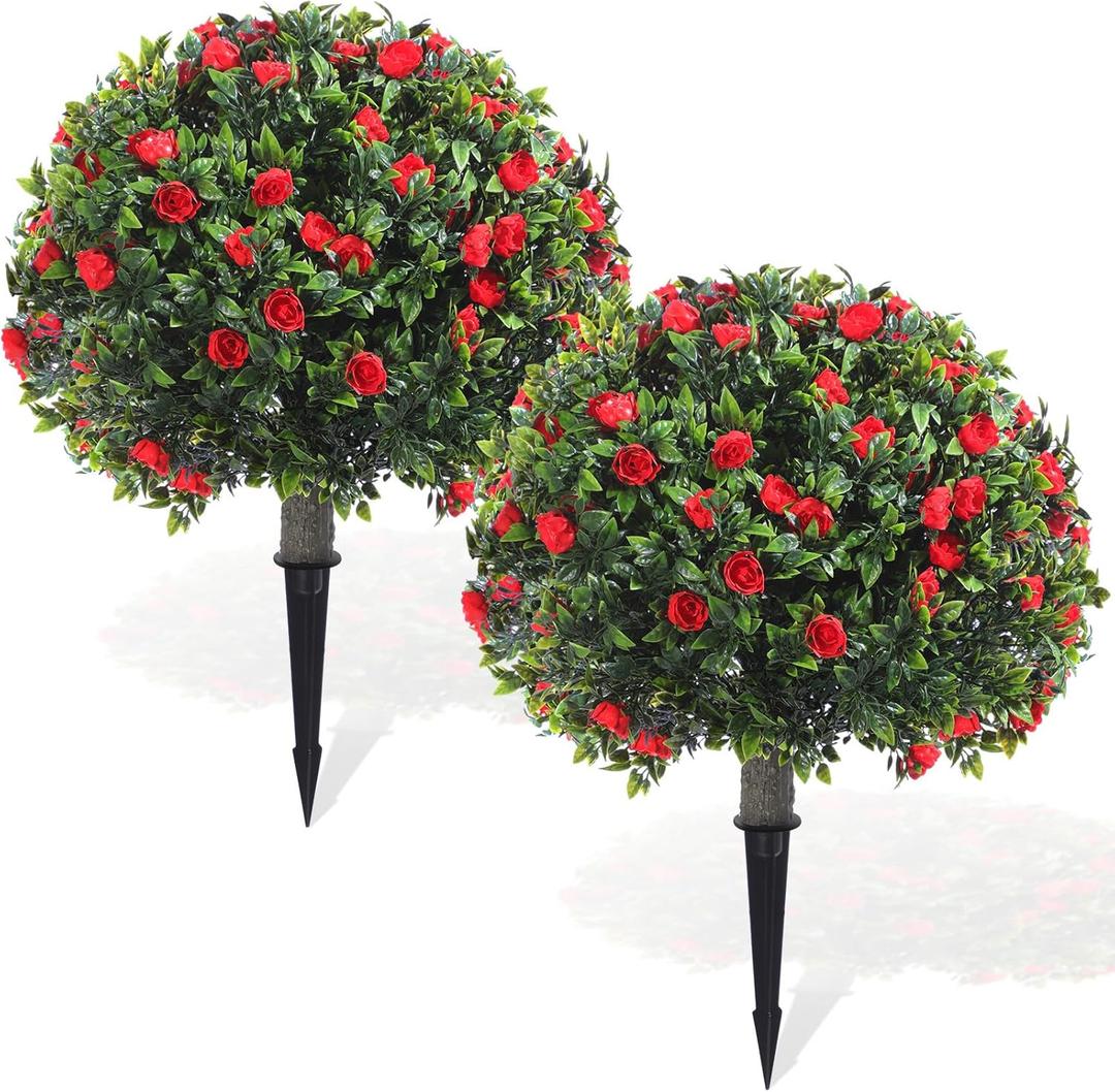 Yunlly Set of 2 Artificial Boxwood Topiary Ball Tree Fake Bushes Shrubs Outdoor Faux Plant with Ground Spike Flowers UV Resistance Greenery for Front Porch Garden Patio Indoor(Red,18x10inch) Yunlly Set of 2 Artificial Boxwood Topiary Ball Tree Fake Bushes Shrubs Outdoor Faux Plant with Ground Spike Flowers UV Resistance Greenery for Front Porch Garden Patio Indoor(Red,18x10inch)