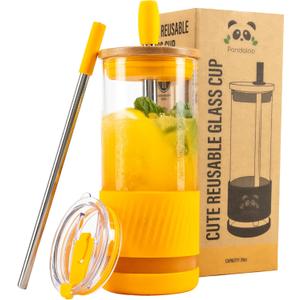 Pandaloo Glass Cups With Lids and Straws -20 Fl Oz- Perfect Size Iced Coffee Cup - Smoothie Cup With Bamboo Lid and On the go Lid - Glass Tumbler With Straw (1 Count (Pack of 1), Maracuja Dream)