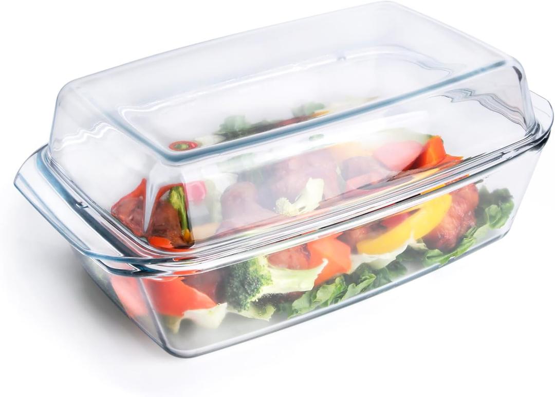 Rectangular Tempered Glass Casserole Dish with Glass Cover - Oven, Freezer and Dishwasher Safe - 3 Liter