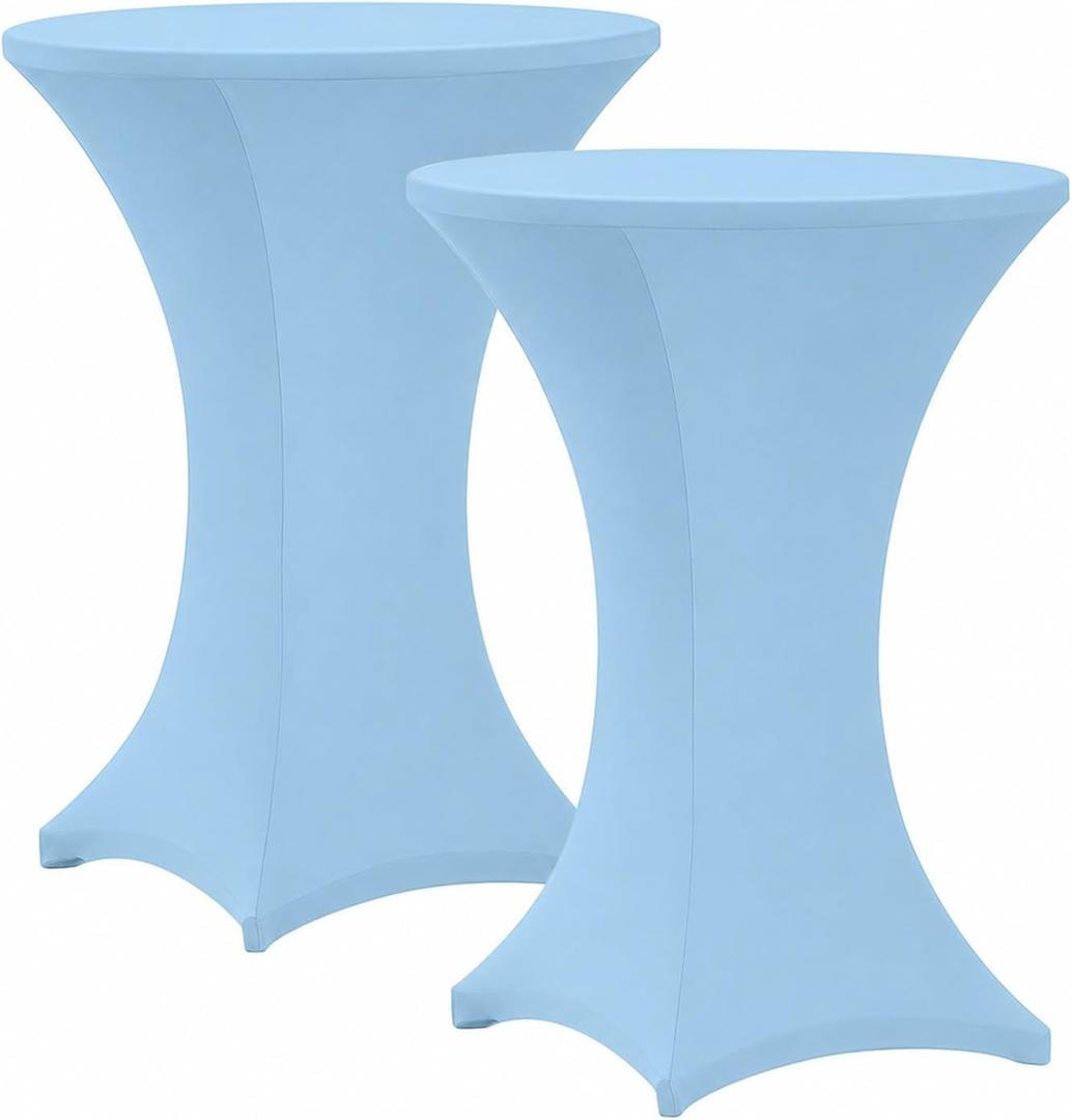 Cocktail Table Covers - 2 Pack 32x43 Inch Table Cloth - Light Blue Fitted Stretch Spandex Round High Top Tablecloth for Party, Bar, Birthday, Pub, Banquet