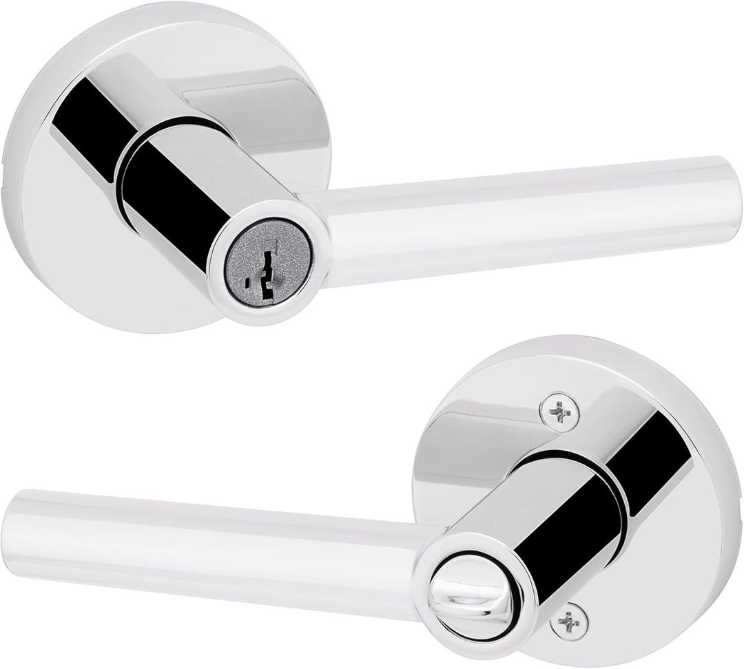 Kwikset Milan Entry Door Handle with Lock and Key, Secure Keyed Reversible Lever Exterior, Doorlock, For Front Entrance and Bedrooms, Polished Chrome, Pick Resistant Smartkey Rekey Security