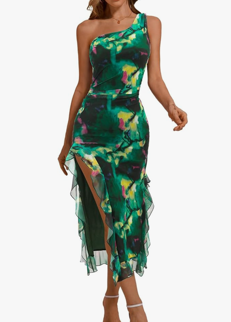 DRESSTELLS Women's Cocktail Party Formal Wedding Guest Long Maxi Mesh Ruched One Shoulder Ruffle Slit Evening Dress XL