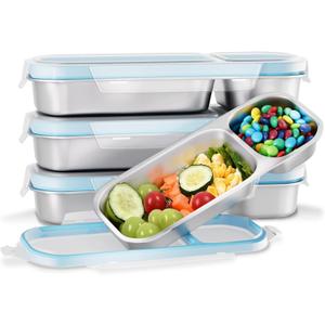 Bakpoco Stainless Steel Snack Containers for Kids Adults, 4 Pack 2 Compartment Metal Snack Containers Box with Lid, Reusable Food Storage Container, Leak Proof, Grab and Go