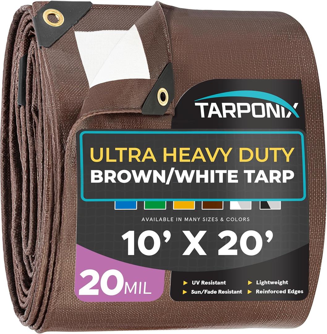 10' x 20' Ultra Heavy Duty Tarp  20 Mil Brown/White Waterproof Outdoor Cover, UV Protection, Reinforced Corners, Ideal for Camping, Tent, and Outdoor Use