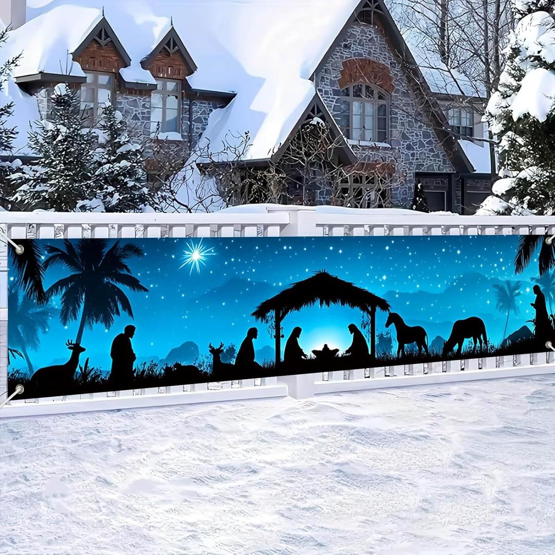 Merry Christmas Banner Nativity Silhouette Decor Backdrop 78x17 Inches Festive Religious Holiday Wall Decor Outdoor Indoor Welcome Banner Wall Hanging for Party Decoration Supplies