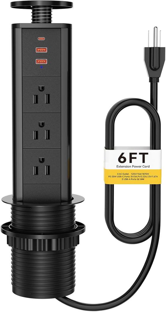 Kungfuking Pop Up Outlet for Countertop, Socket with 3 AC Outlets & 2 USB-A 1 PD 20W USB-C Ports, Pull Power Kitchen Conference Office, 3-3/8 Inch(85MM) Hole Grommet Strip, Dark Black