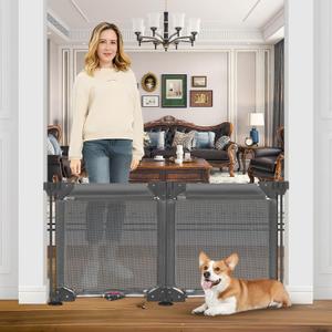Punch Free Freestanding Pet Gate Indoor 2 Panel 24" Tall x 40" Wide Rent Friendly Child Gates for Doorways with Suction Cup Folding Mesh Dog Gate Stair Gates for Kids or Pets No Drilling Pet Fence (Gray)