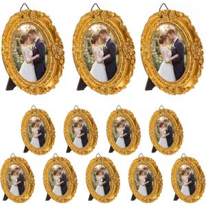 Vicenpal 6 Pcs Gold Tiny Picture Frame 2.6 x 1.8 Inch Small Vintage Oval Picture Frames Stylish Baroque Ornate Antique Resin Oval Table Display for Home Wedding (Vintage Style)