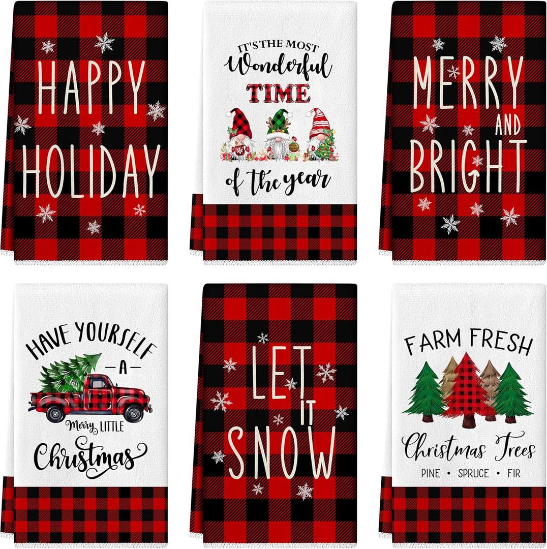 Christmas Kitchen Towels Dish Towels 18 x 27 Inch Buffalo Plaid Kitchen Decor Winter Holiday Tea Towels Hand Towels Christmas Absorbent Drying Cloth for Cooking Set of 6