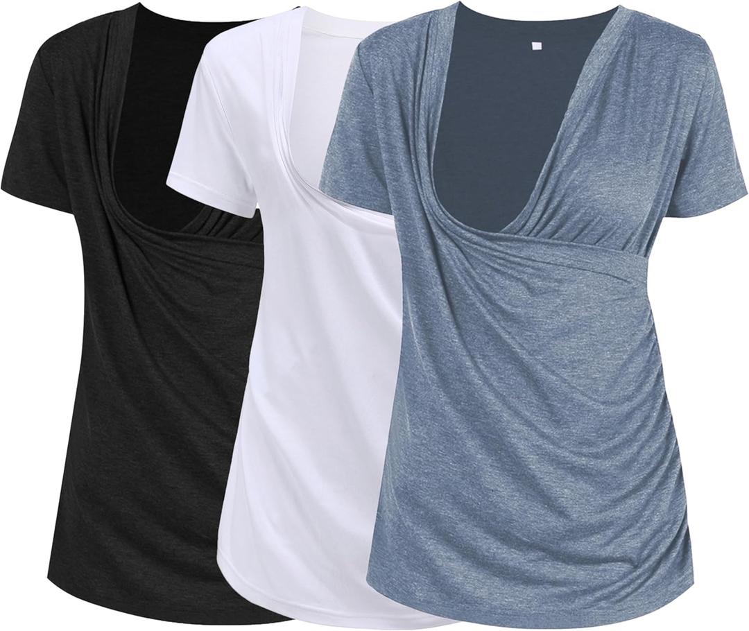 Liu & Qu Women's Maternity Nursing Tops, Layered Wrap for Breastfeeding, V-Neck Short Sleeve Tee Shirts 3 Packs (XX-Large, Black/White/Light Blue)