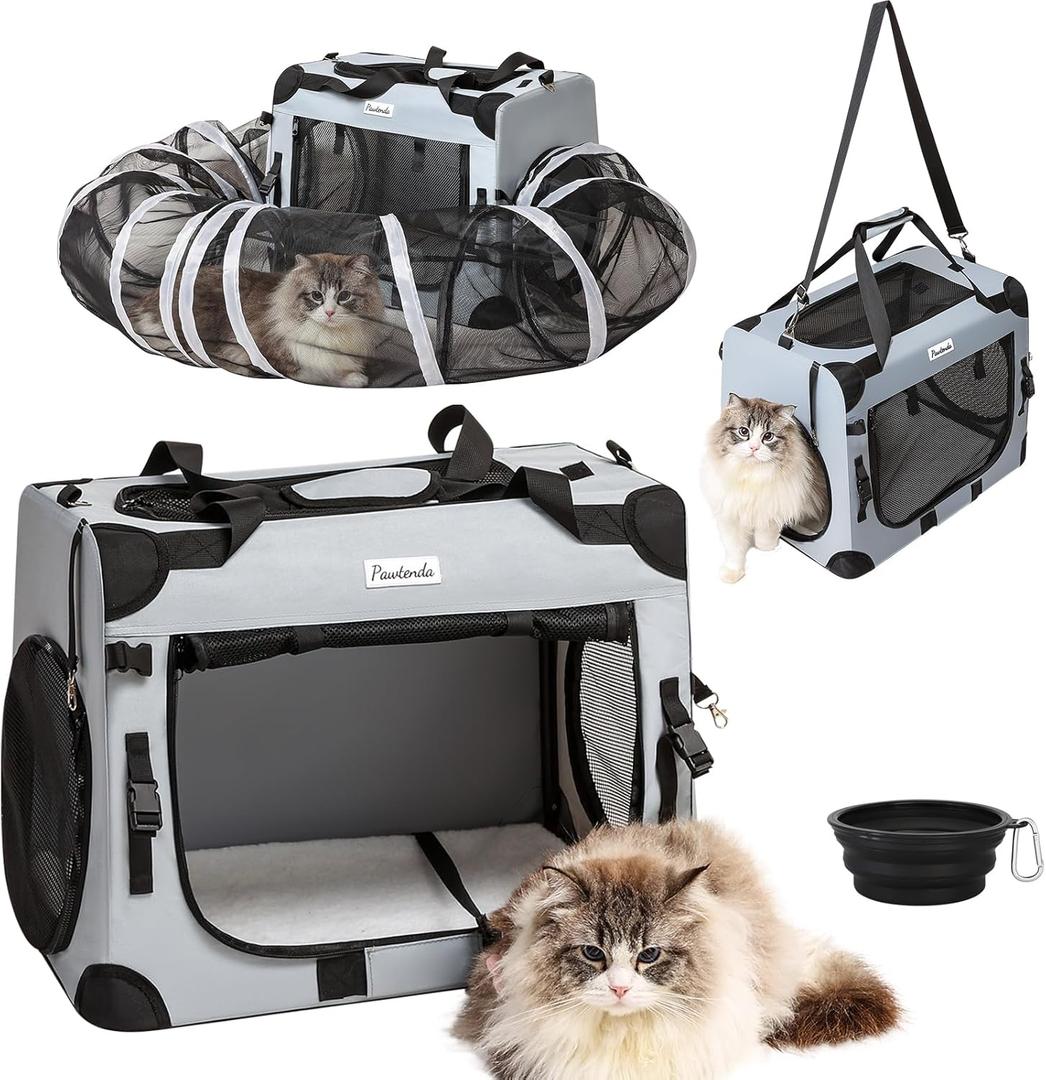 Large Cat Carrier for 2 Cats, 24"x17"x17" Collapsible Soft-Sided Travel Pet Carrier with Bowl/Mat/Blanket, Expandable Closed-Loop Tunnel System - Shoulder/Hand Carry for Car Trips, Grey
