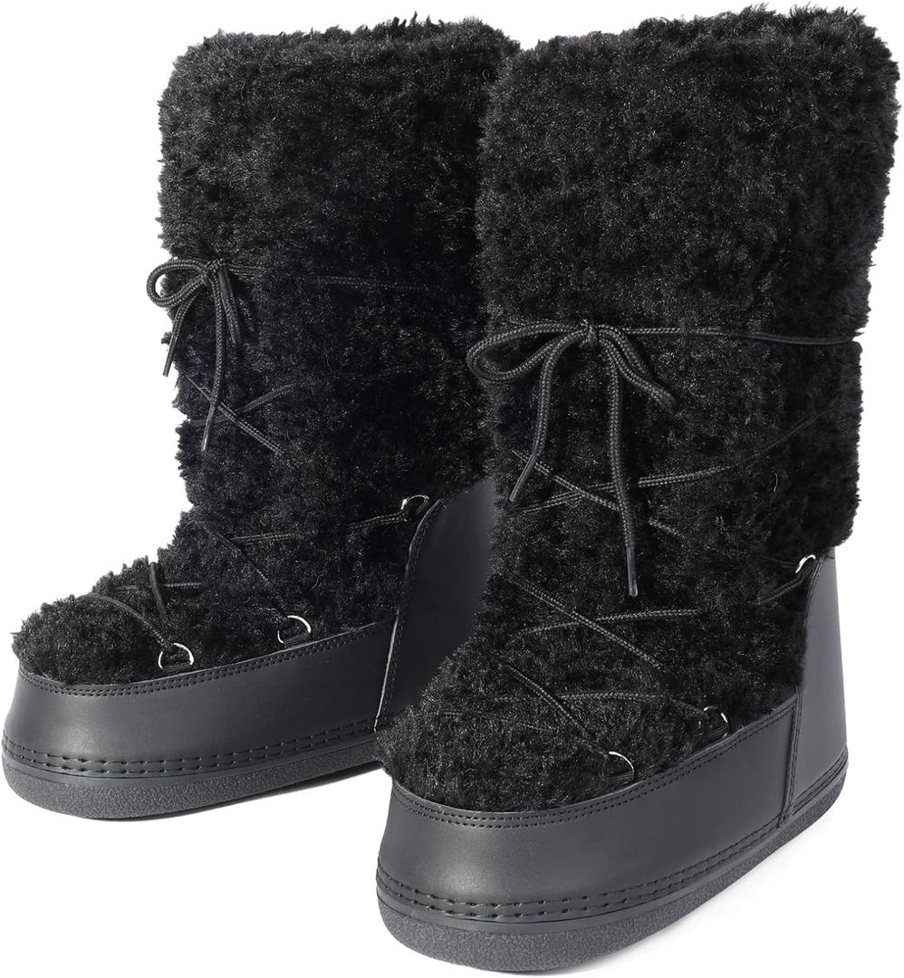 Fuzzy Fur boots for Women - Furry Winter Snow Boots Fluffy Waterproof Mid Calf Boots For Outdoor Flat Shoes (7, Black)