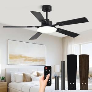 Conciseer 52 Inch Ceiling Fans with Lights and Remote for Bedroom Living Room Kitchen Office, Indoor/Outdoor Use, 6CCT Dimmable, 5 Blades, 6 Speed Reversible Quiet DC Motor, Black/Wood Grain