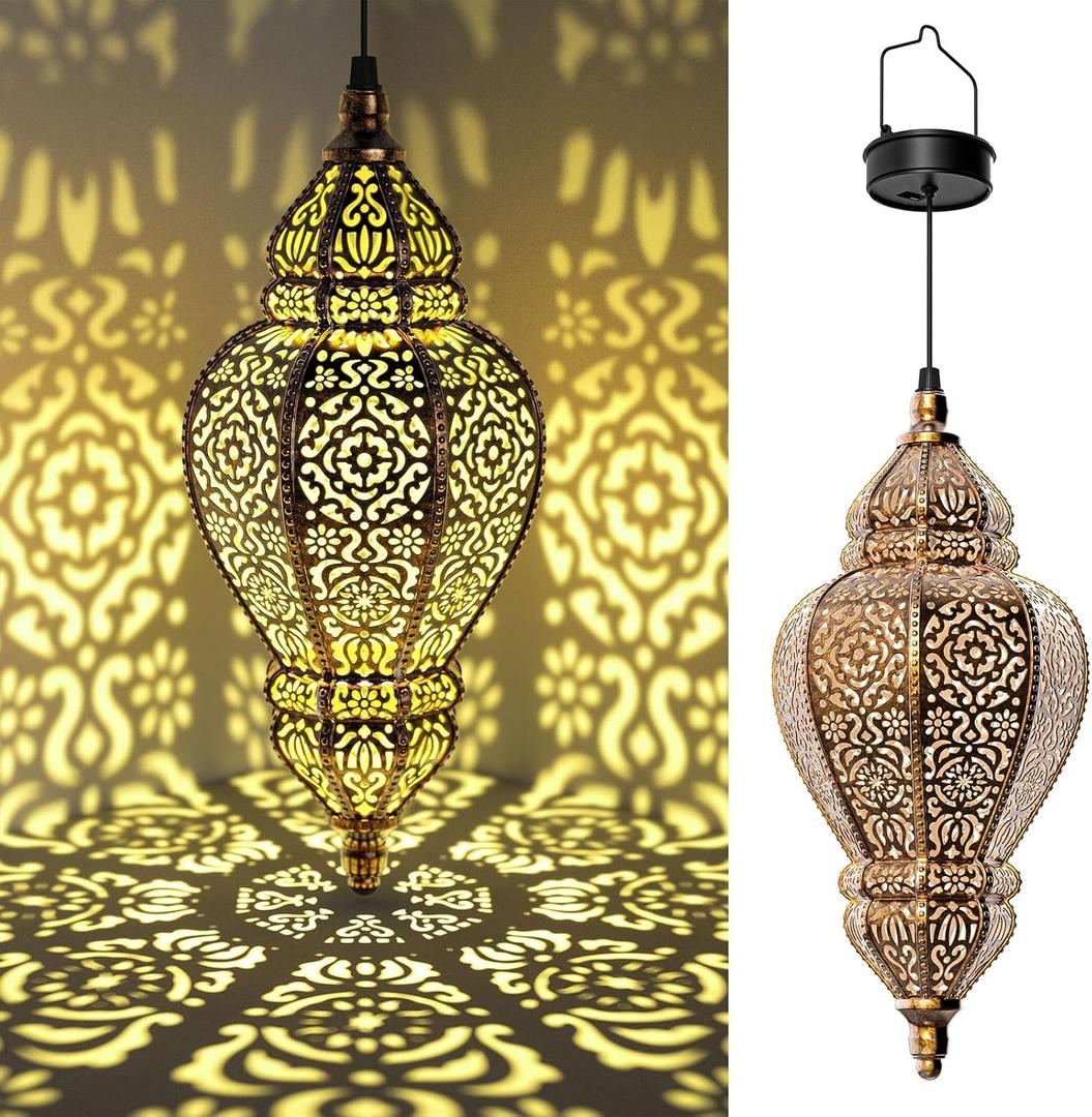 Hapjoy Moroccan Hanging Solar Lights Outdoor Lantern Bidirectional Availabili Garden Decor Waterproof Plastic Gold Decorations for Patio Pathway Yard Backyard Solar Powered Garden Decorative (2, Gold)