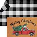 Geelin 2 Pcs Christmas Door Mat Xmas Front Doormat Black and White Buffalo Checkered Rug Decorative Christmas Tree Imitation Coir Welcome Floor Mat Layering Rug for Front Door(Red Truck)
