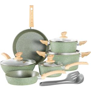 Kitchen Academy Non Toxic Pots and Pans Set Non Stick - 12 Piece Induction Cookware Sets, Green Granite Nonstick Cooking Pot and Pan Set, PFOA&PFOS Free