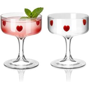 2PCS Icon Coupe Glasses High Borosilicate Glass Party Glassware, Durable & Lead-Free Decorative Drinkware, Unique Gift for Wine Lovers, Party & Home Bar Use (Coupe Glasses, Red Heart)