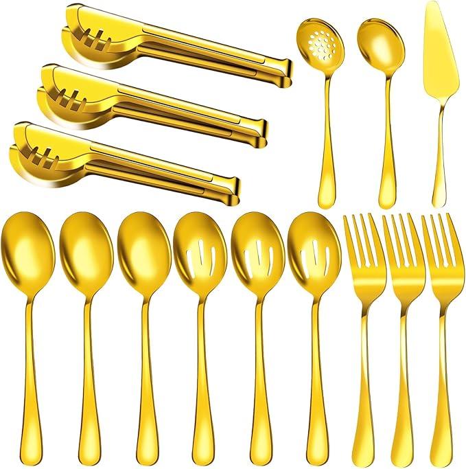 Serving Utensils, 15 Pcs Stainless Steel Large Flatware Serving Tools Kit, Included Spoons, Forks, Tongs, Slotted Spoon, Ladle, Cake Server for Kitchen Catering Banquet Wedding Buffet Party, Gold