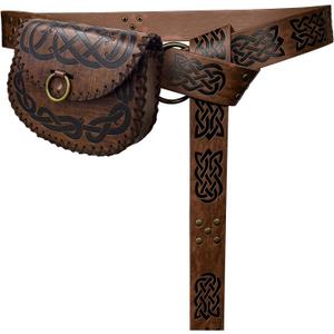 HiiFeuer Medieval Embossed O Ring Belt with Nordic Embossed Belt Bag, Vintage Faux Leather Belt and Belt Pouch Set for LARP