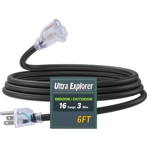 6 Ft Indoor Outdoor Black Extension Cord, 16/3 Heavy Duty Extension Cable, 3 Prong Grounded Plug with Lighted End for Appliance and Lawn, 13A, UL Listed