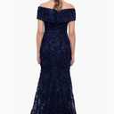 Xscape Women's Off The Shoulder Sequin & Lace Overlay Evening Gown with Sweetheart Neckline, Sheath Formal Dress (Blue, XS)